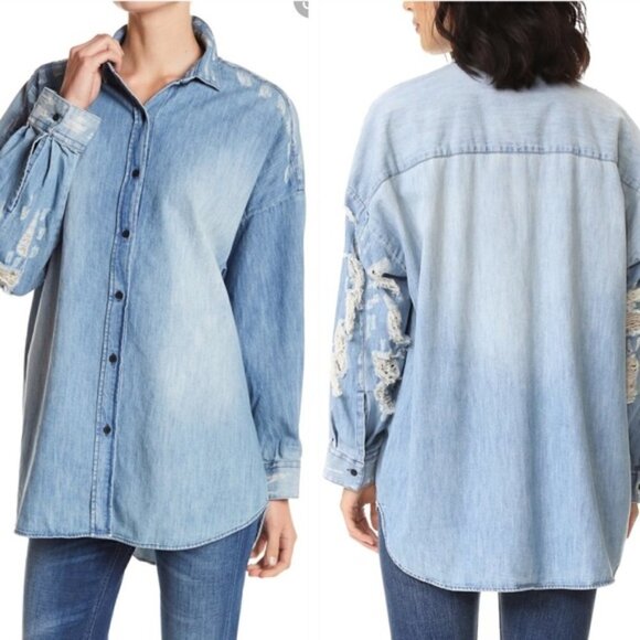 IRO Vince Distressed Denim Clip Button Down Shirt - Picture 1 of 8